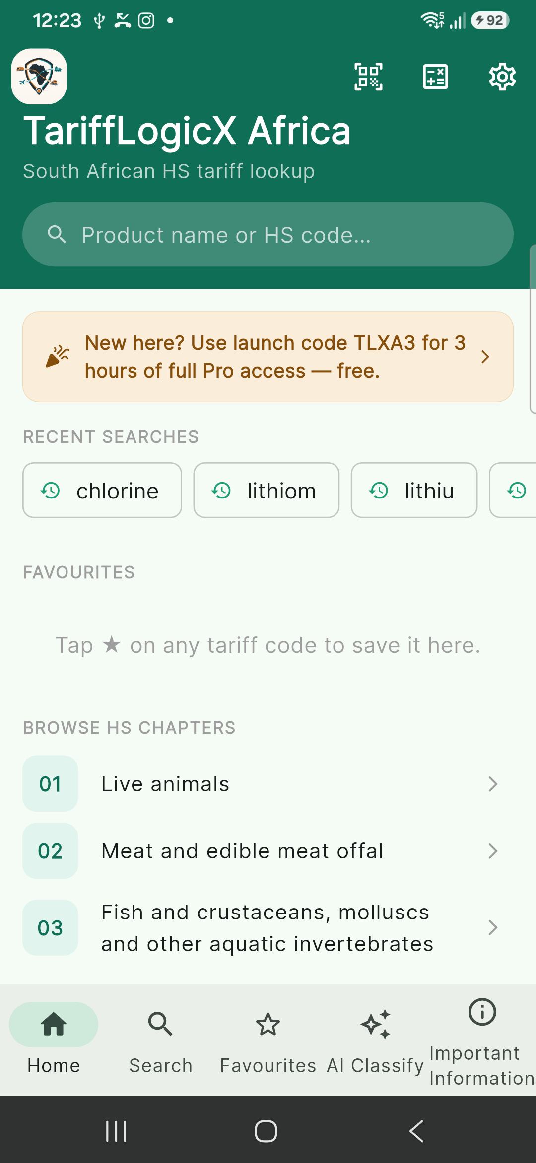 Home screen with the HS chapter index