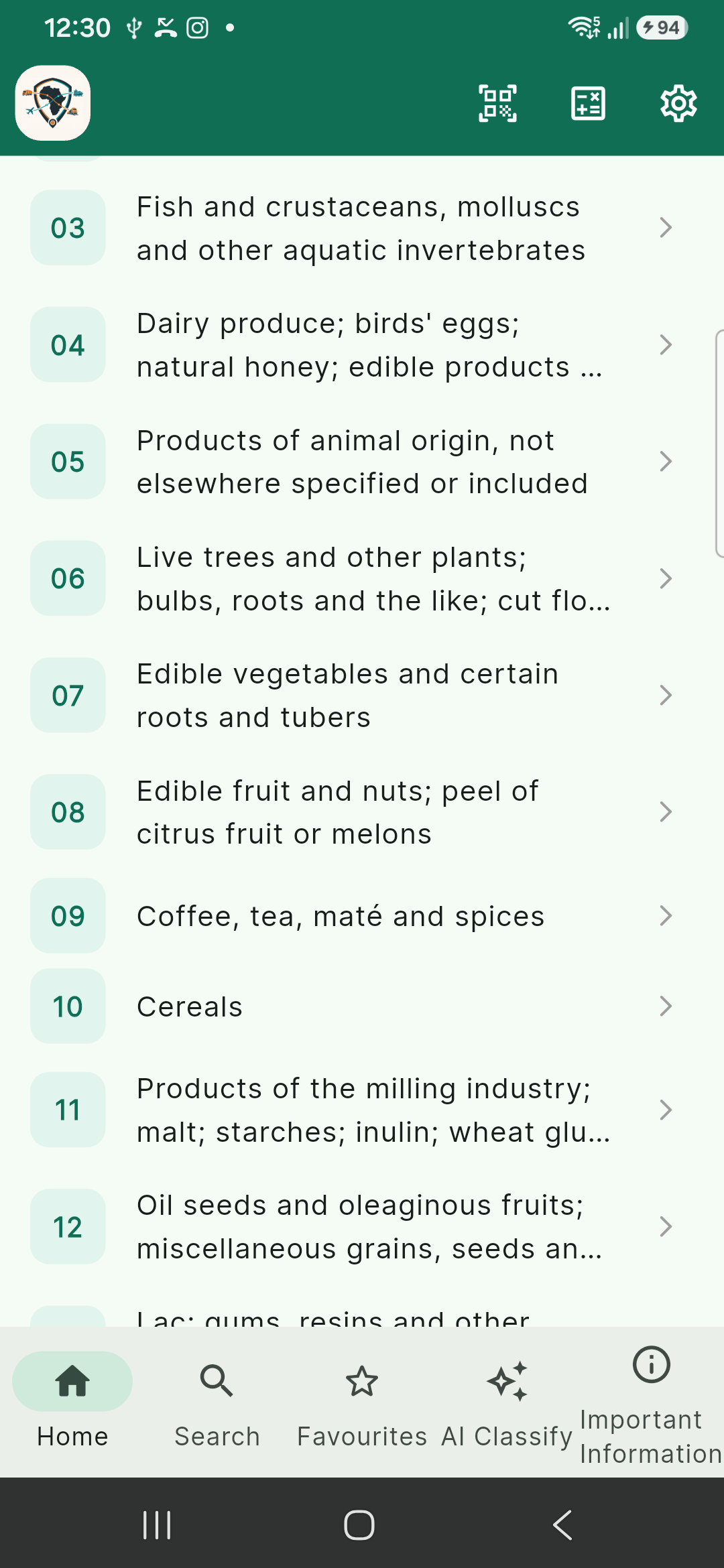 Browsing tariff codes within a chapter