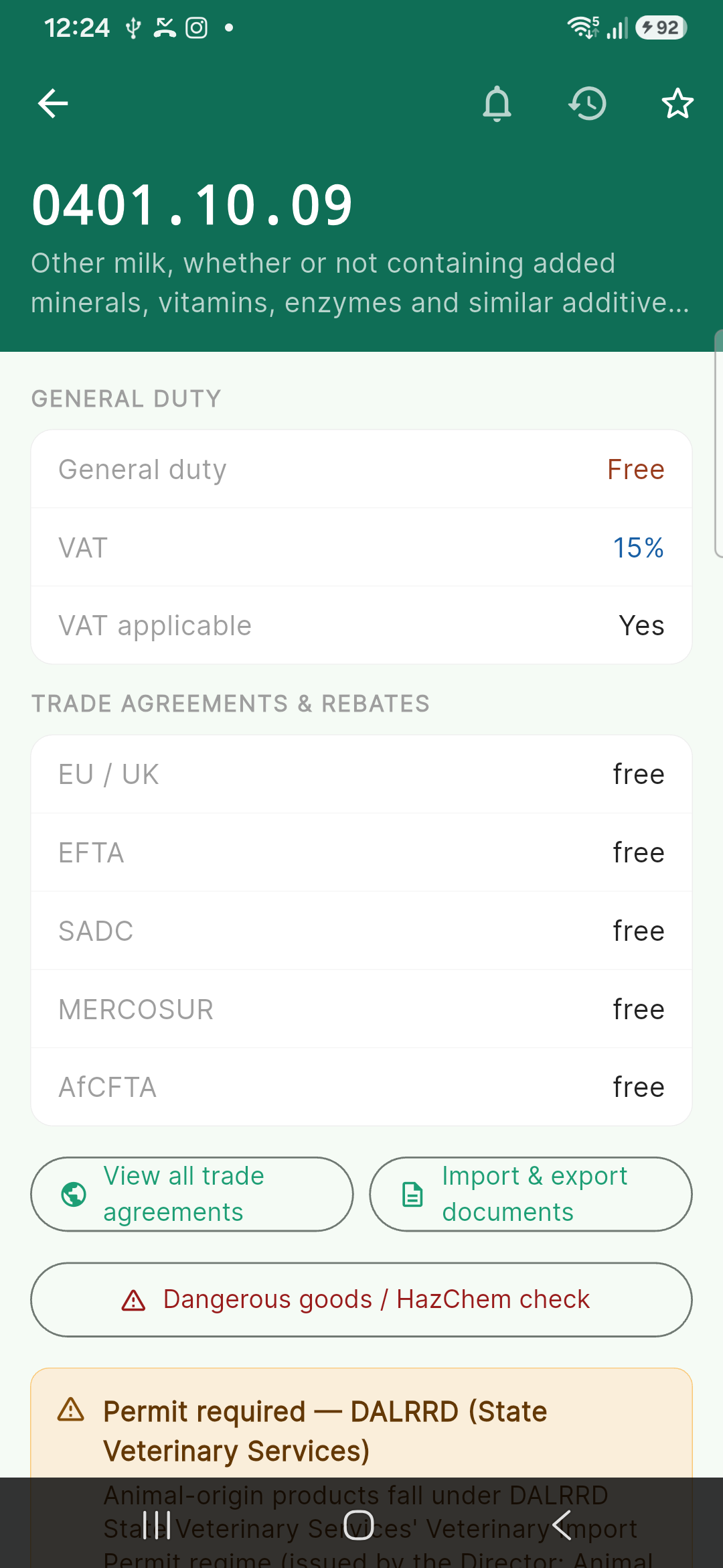 Tariff code detail with duty, VAT and trade agreement rates