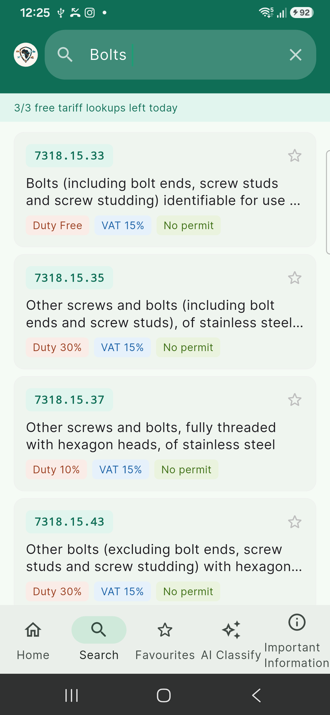 Search results for a product