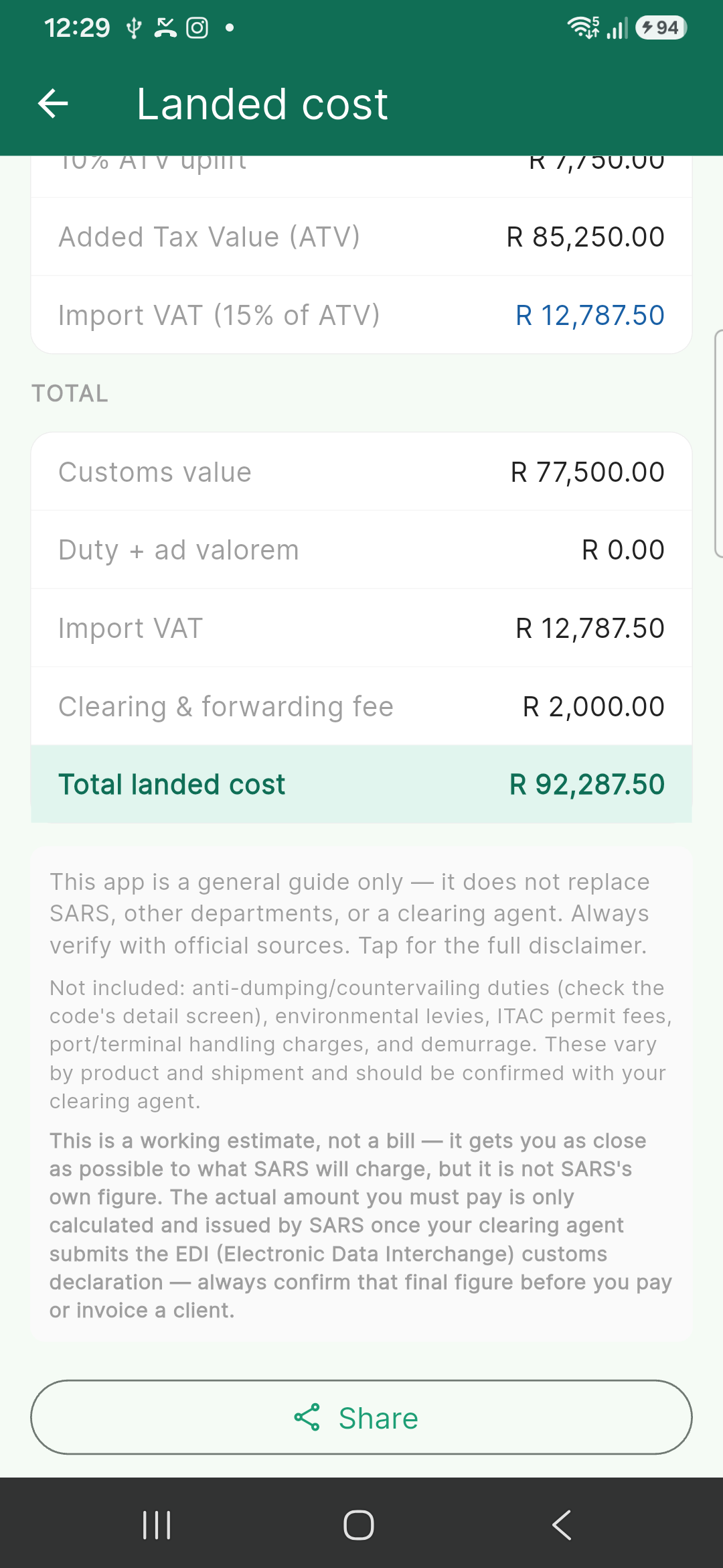 Landed cost calculator