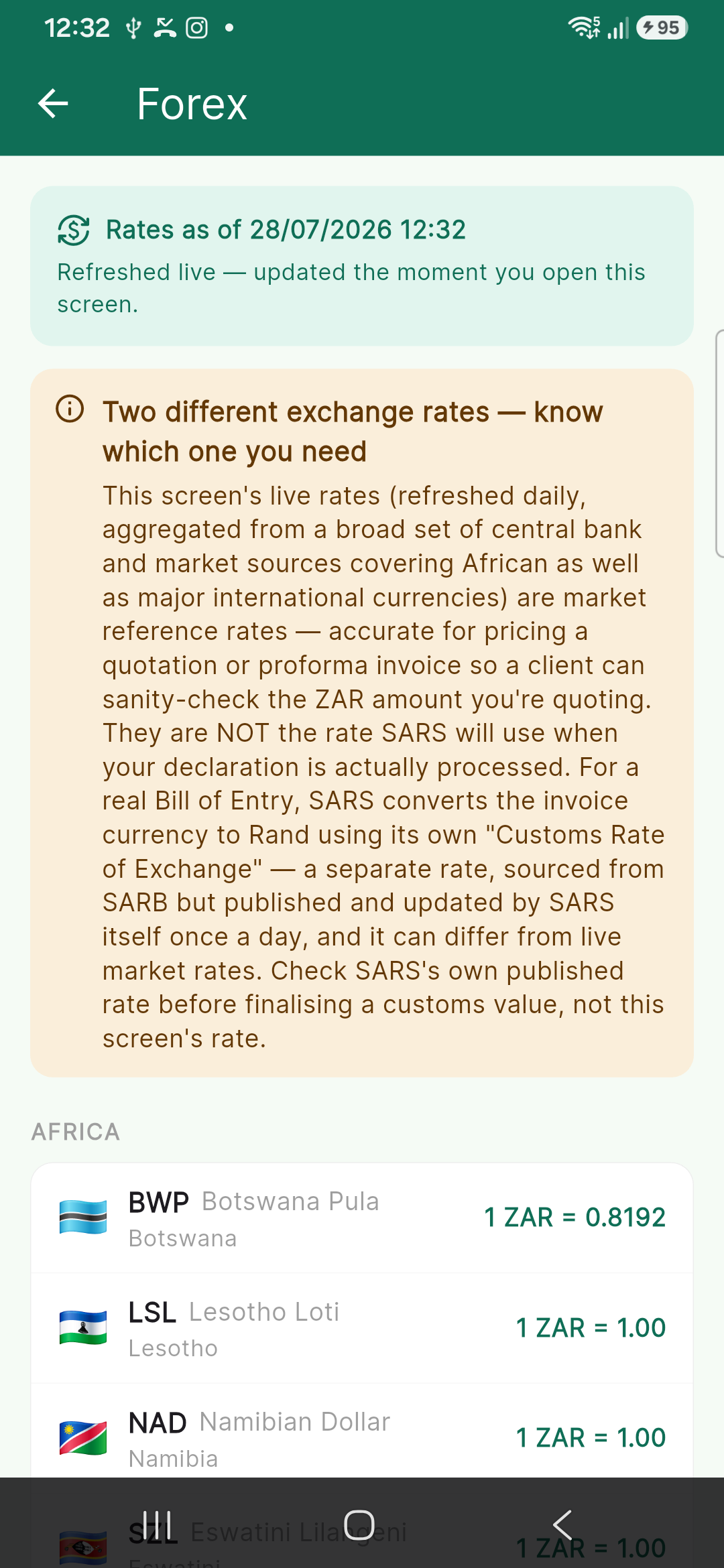 Live exchange rates screen